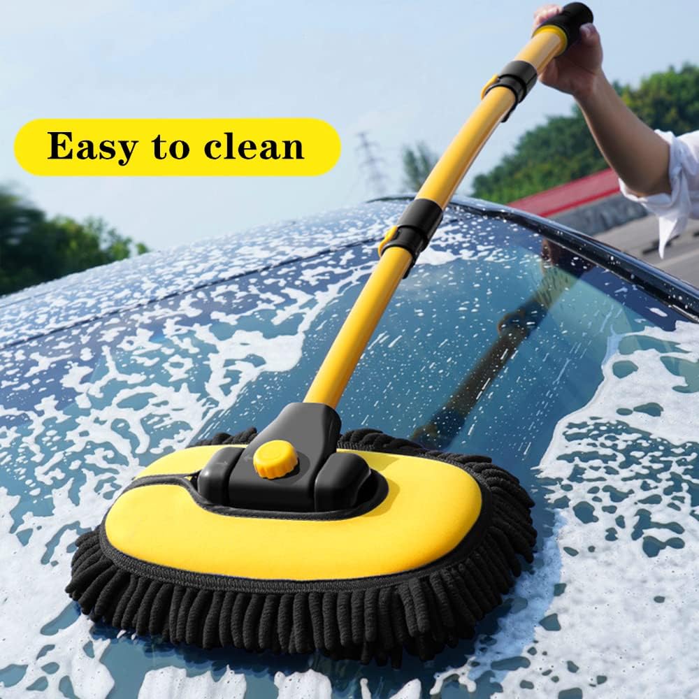 Car Wash Brush with Long Handle, Chenille Microfiber Mop Mitt with 1 Replacement Head, Wheel Brush Extension Pole Cleaning Kit & Towels for Cars & Trucks - 5PCS