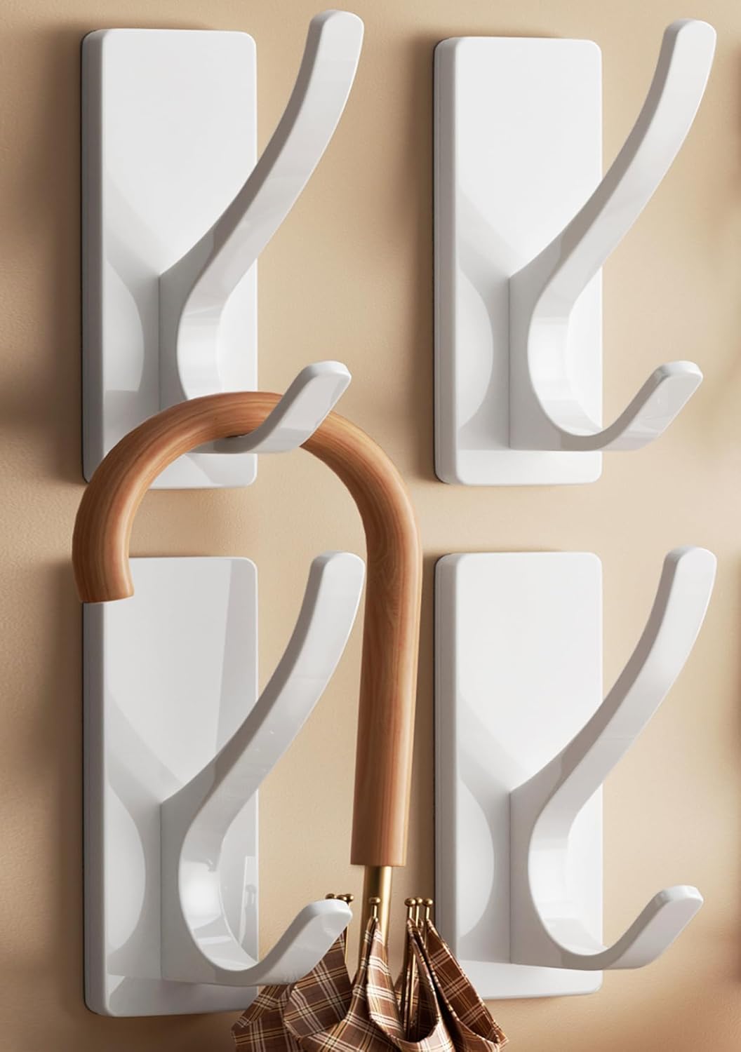 White Self Adhesive Coat Hooks for Hanging, Heavy Duty Stainless Double Wall Hook for Towel, Backpack, Hat, Sturdy Metal Hanger for Bathroom, Bedroom, Door, Wall Mounted, 4-Pack