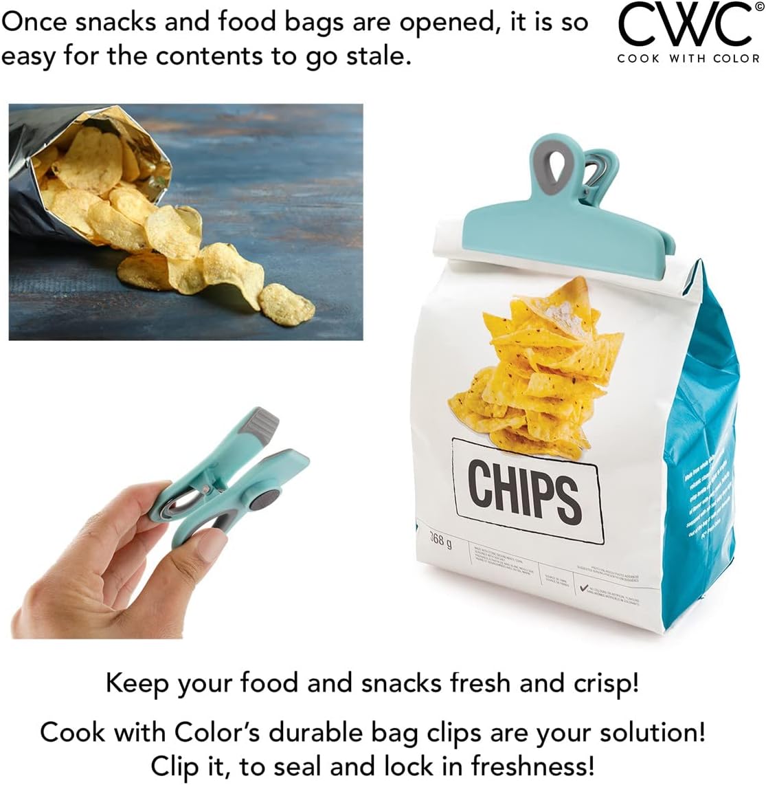 COOK WITH COLOR Bag Clips - Heavy Duty Chip Clip and Refrigerator Magnet Clips for Food Storage with Air Tight Seal Grip, Teal, Pack of 8