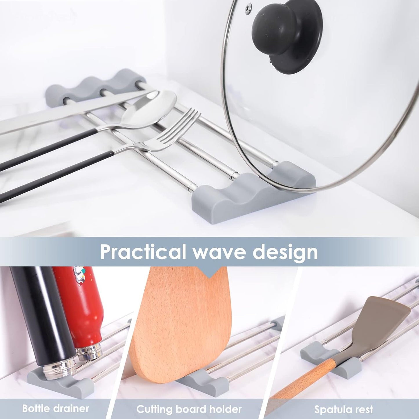 Tomorotec Adjustable Over-The-Sink Kitchen Rack for Dishcloths, Sponges, Bottles and Brushes - Heat-Resistant Stainless Steel with Slim, Expandable Design and Multifunctional Silicone Holder