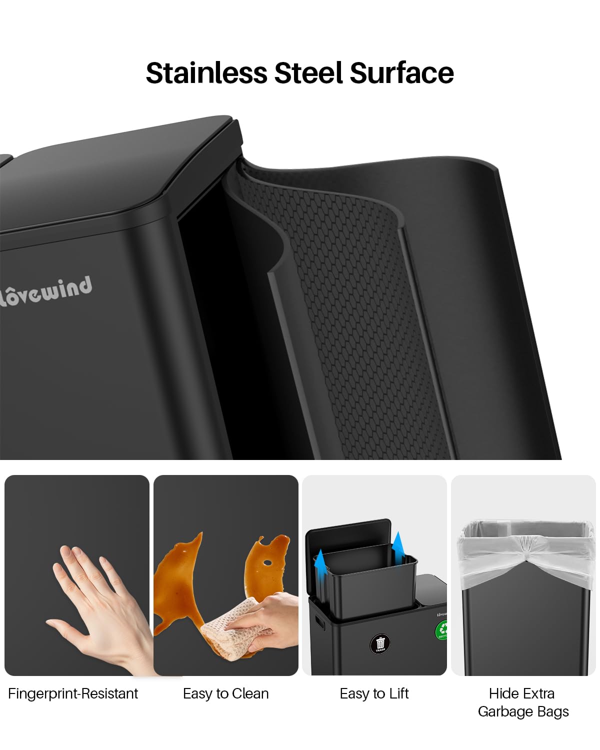 Dual Trash and Recycling Bins for Kitchen, 13.2 + 5.2 Gal (50+20L) Stainless Steel Trash and Recycle Bin Combo with Soft-Close Lid, Large Garbage Cans for Kitchen Home with 2 Magnets Sticker, Black