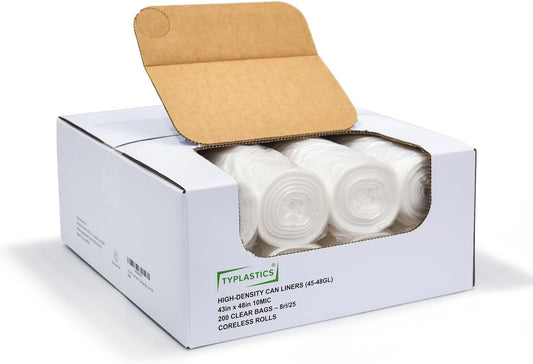 TYPLASTICS 45-48 Gallon Clear Trash Can Liners - 43" x 48" - High Density Garbage Bags - 200 Pack - Multipurpose for Office, Yard, Recycling, Industrial and Commercial