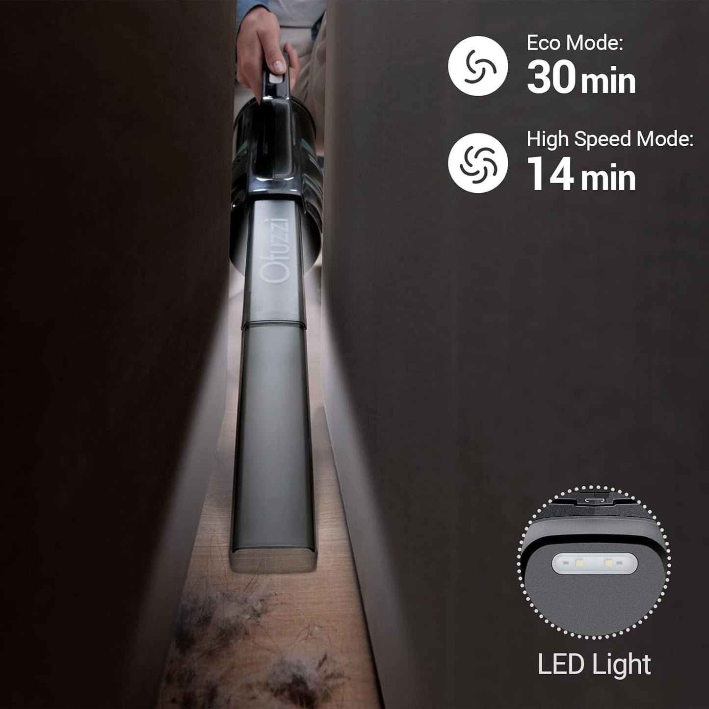 Ofuzzi H9 Pro Handheld Vacuum Cleaner, Extra-Long Crevice Tool, 40AW/13kPa Surging Suction, LED- Display&Light, Up to 30 Mins Runtime, Portable Vacuum for Home Cleaning, Black