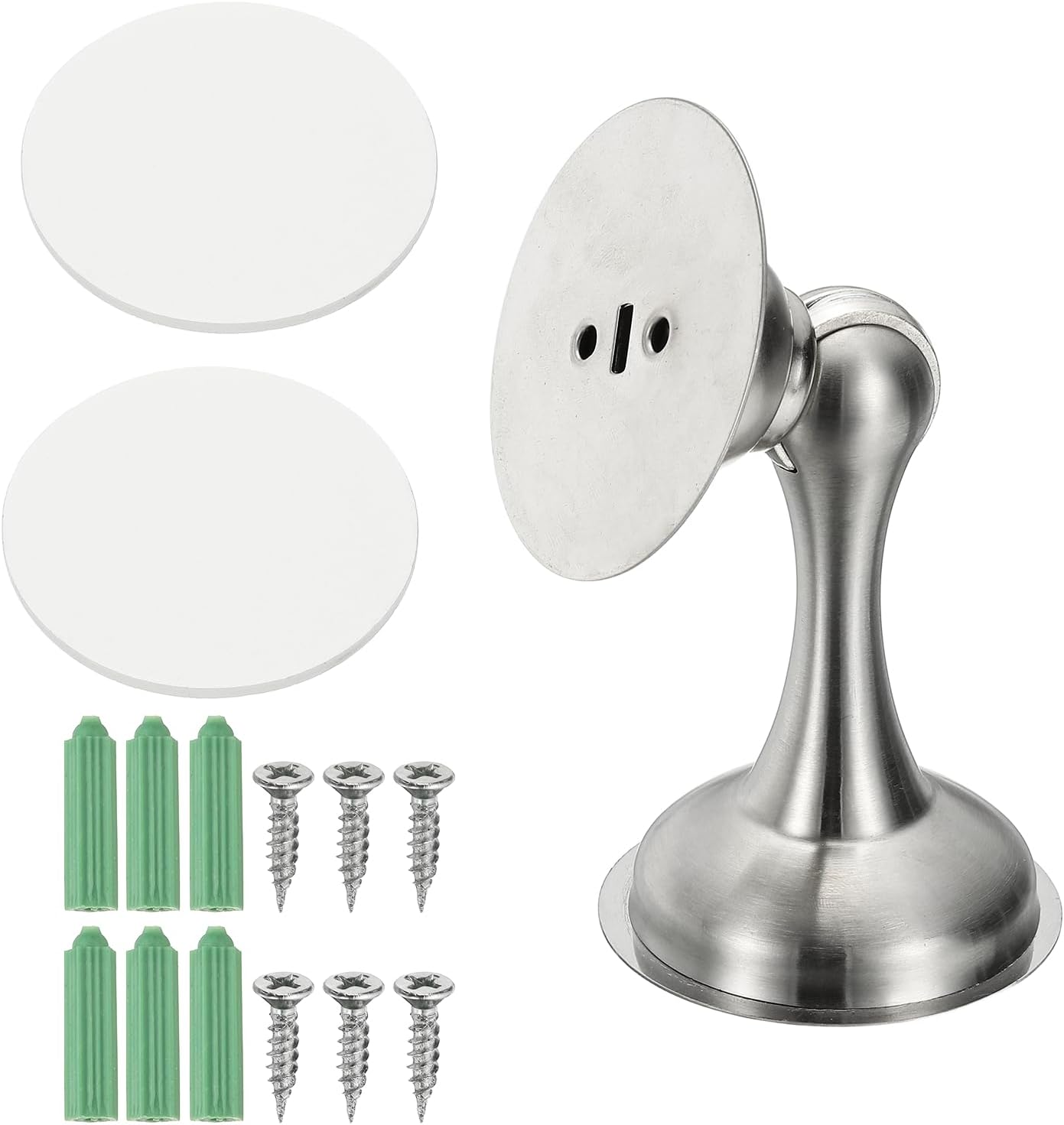 uxcell Magnetic Door Stopper, Stainless Steel Heavy Duty Door Holder, No Drilling Doors Knob Wall Protector with Self-AdhesiveTapes and Screws for Home Office Wall Floor Mounting, Silver