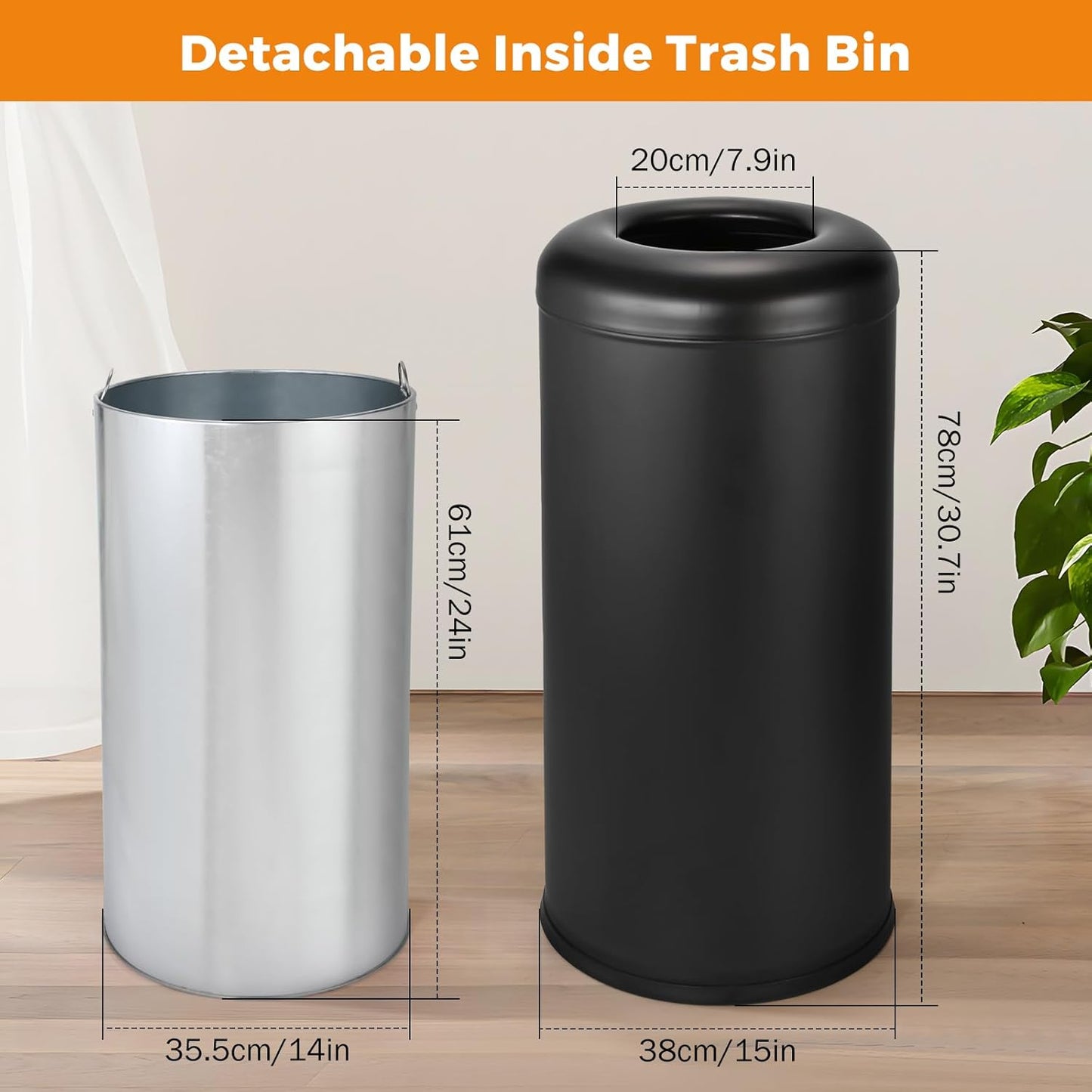 BEAMNOVA Commercial Trash Can 16.5 Gal Open Top Black Outdoor Indoor Garbage Enclosure Inner with Lid Inside Bucket 15 * 30.7 inch Stainless Steel Industrial Waste Container