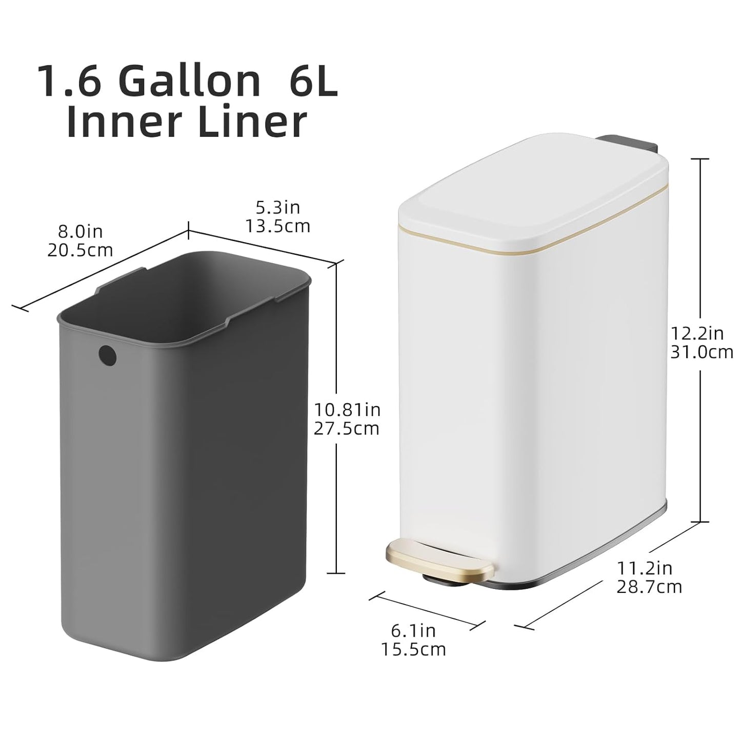 KUK Slim Bathroom Trash Can with Lid, 1.6 Gal / 6L Stainless Steel Small Garbage Bin with Detachable Inner Bucket, Step Pedal, Silent Close, Wastebasket for Toilet, Bedroom, Home, Office (White)