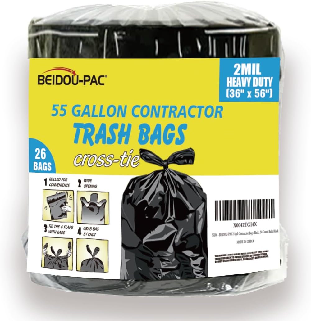 Contractor Heavy Duty Trash Bags 55 Gallon | 26 Count | 2 MIL | 36" X 56" | Large Black Flap Tie Construction Garbage Bags for Business Home Commercial, Industrial, Storage, Outdoor