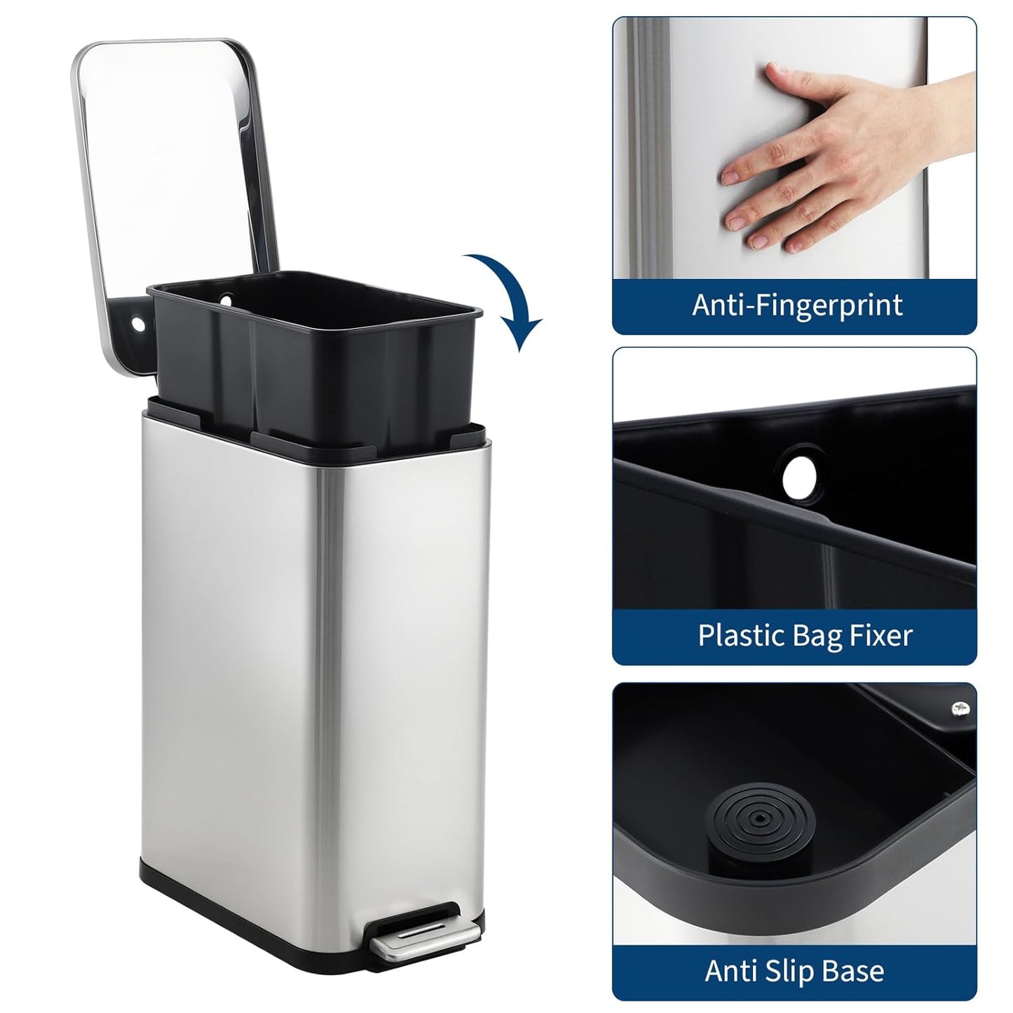 Garvee 13 Gallon Kitchen Trash Can, Stainless Steel Step Garbage Bin with Soft-Close Lid & Removable Bucket, Fingerprint Proof, Slim for Narrow Spaces, Bathroom or Office