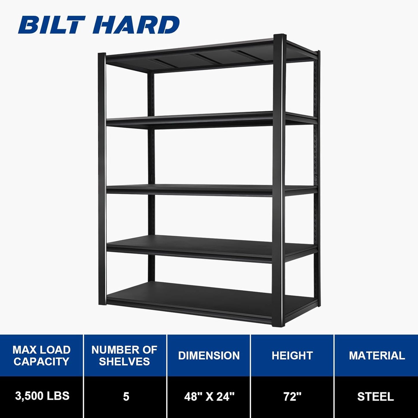 BILT HARD 3500LBS 48" W x 24" D x 72" H Garage Shelving, 5-Shelf Industrial Storage Shelves Heavy Duty, Metal Shelving Units with Adjustable Shelf, Steel Utility Shelves, 2 Pack