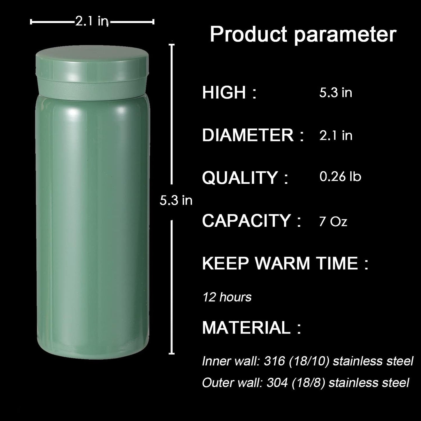 Mini Thermos Cute Water Bottle - 7 oz Tiny Insulated Vacuum 18/10 Stainless Steel Small Flask - Leak Proof & Spill Proof & Keeps Cold and Hot for Drink, Coffee, Tea - Green