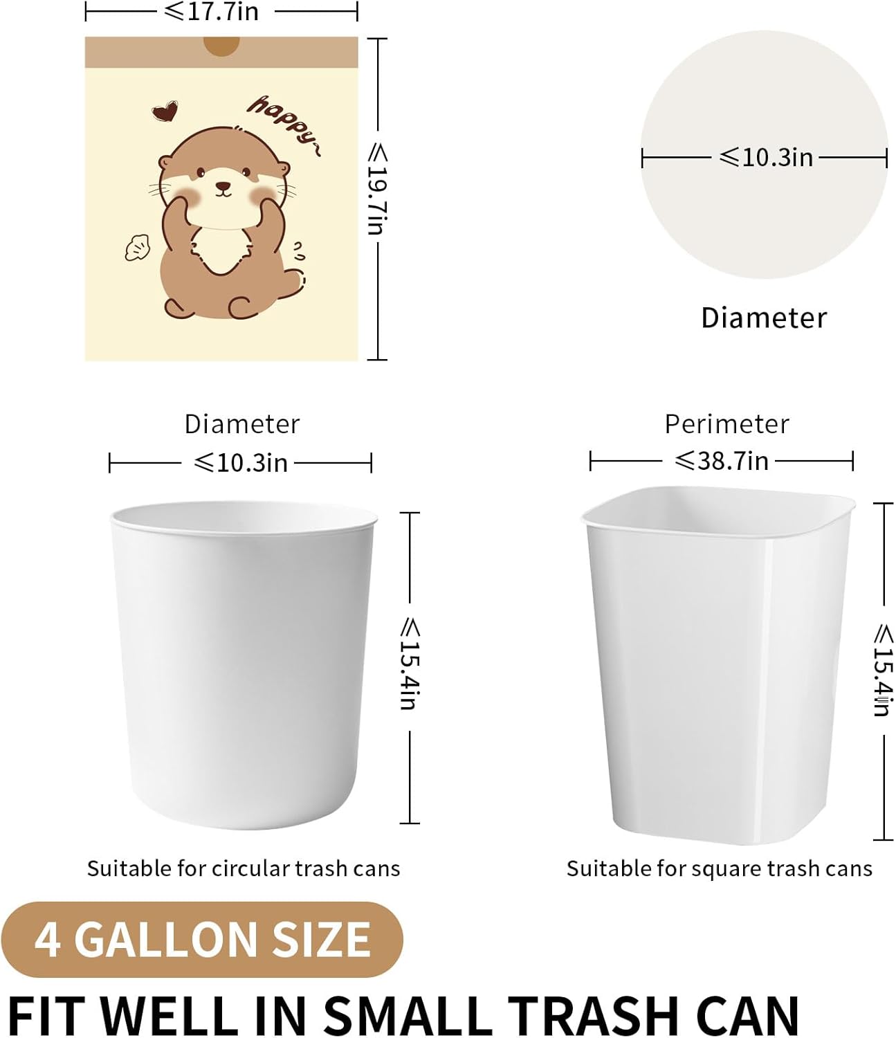 VOK 4 Gallon Trash Bags with Otters Printed, Drawstring Small Garbage Bags, Tear-Resistant & Odor-Control Bathroom/Kitchen Trash Can Liners, Bathroom Trash Bags with Secure Tie, 110 Counts