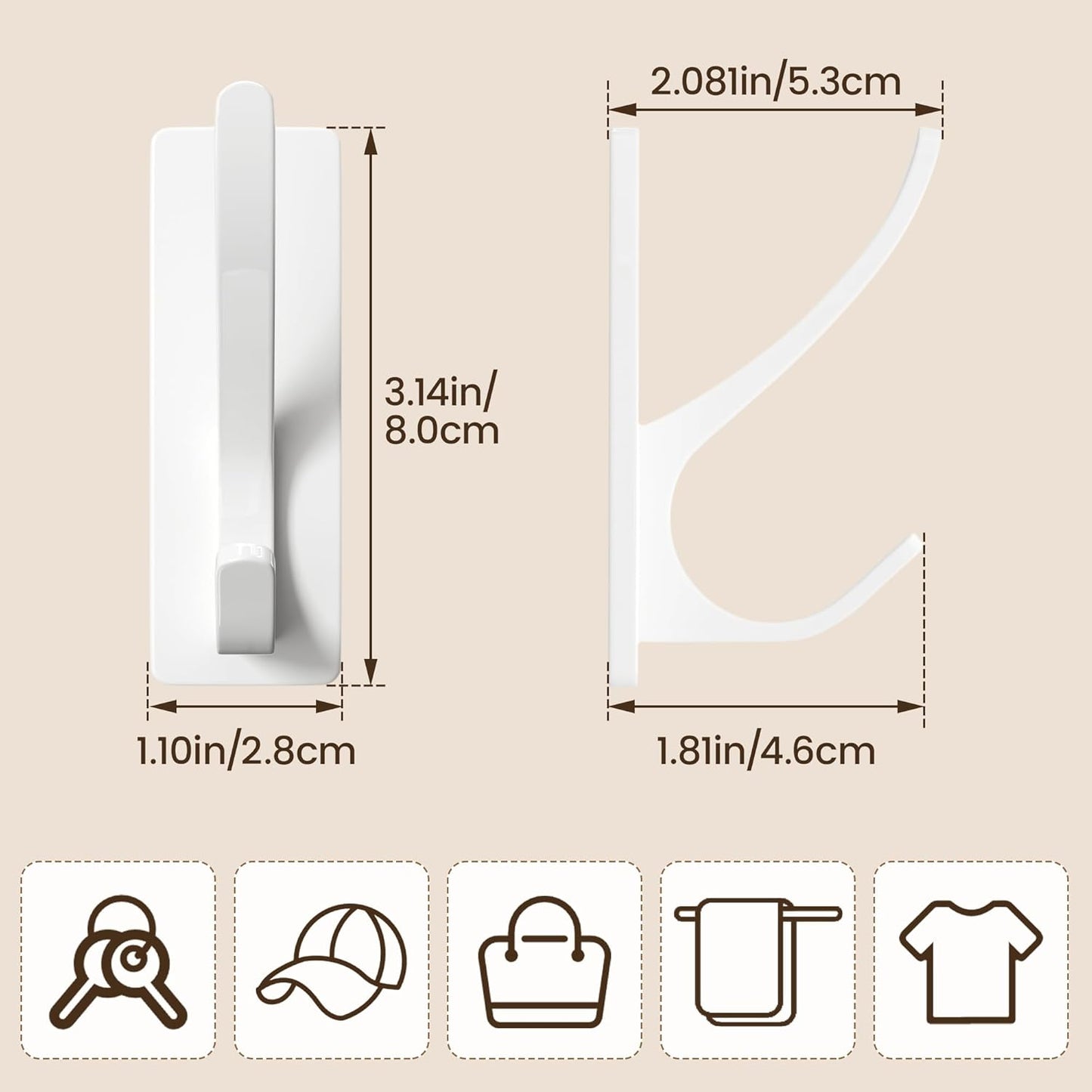 Self Adhesive Coat Hooks for Hanging, Heavy Duty Stainless Double Wall Hook for Towel, Backpack, Hat, Sturdy Metal Hanger for Bathroom, Bedroom, Door, Wall Mounted, 10 Pack, White
