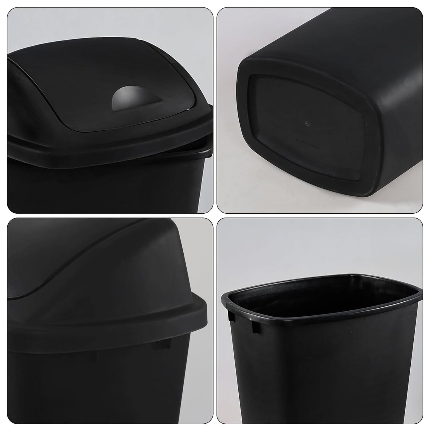 4-Pack 13 Gallon Plastic Swing Top Trash Can, Lidded Wastebasket Garbage Can for Kitchen, Garage, or Workspace, Black