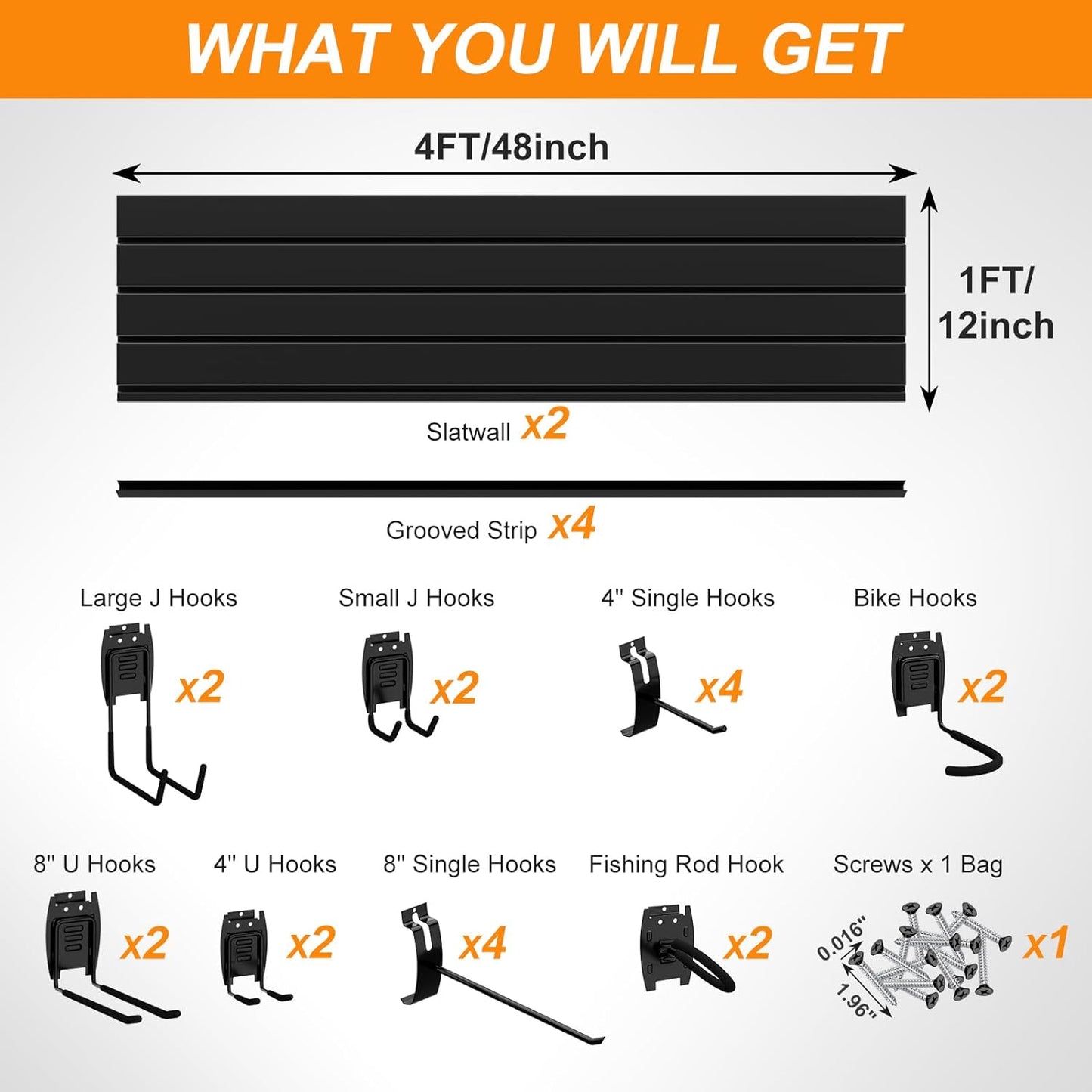 DoCred Slatwall Paneling Organizer, 4x2 FT PVC Garage Slat Wall Storage Systems, Heavy Duty Mounted Slat Peg Board for Tool Organization Ladder Bike Includes 20 PCS Hooks Accessories Kit (Black)