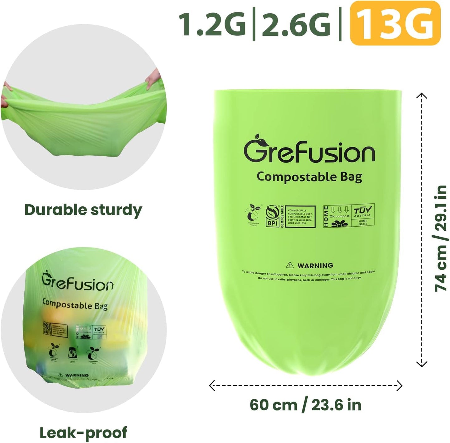 Compostable Bags,Trash bags 13+ gallon tall kitchen, Compostable Trash Lawn & Leaf Yard Waste Bags,Kitchen Compost Trash Bin Compatible,Extra Thick1.01 Mills,Certified by BPI and OK Compost(50count)