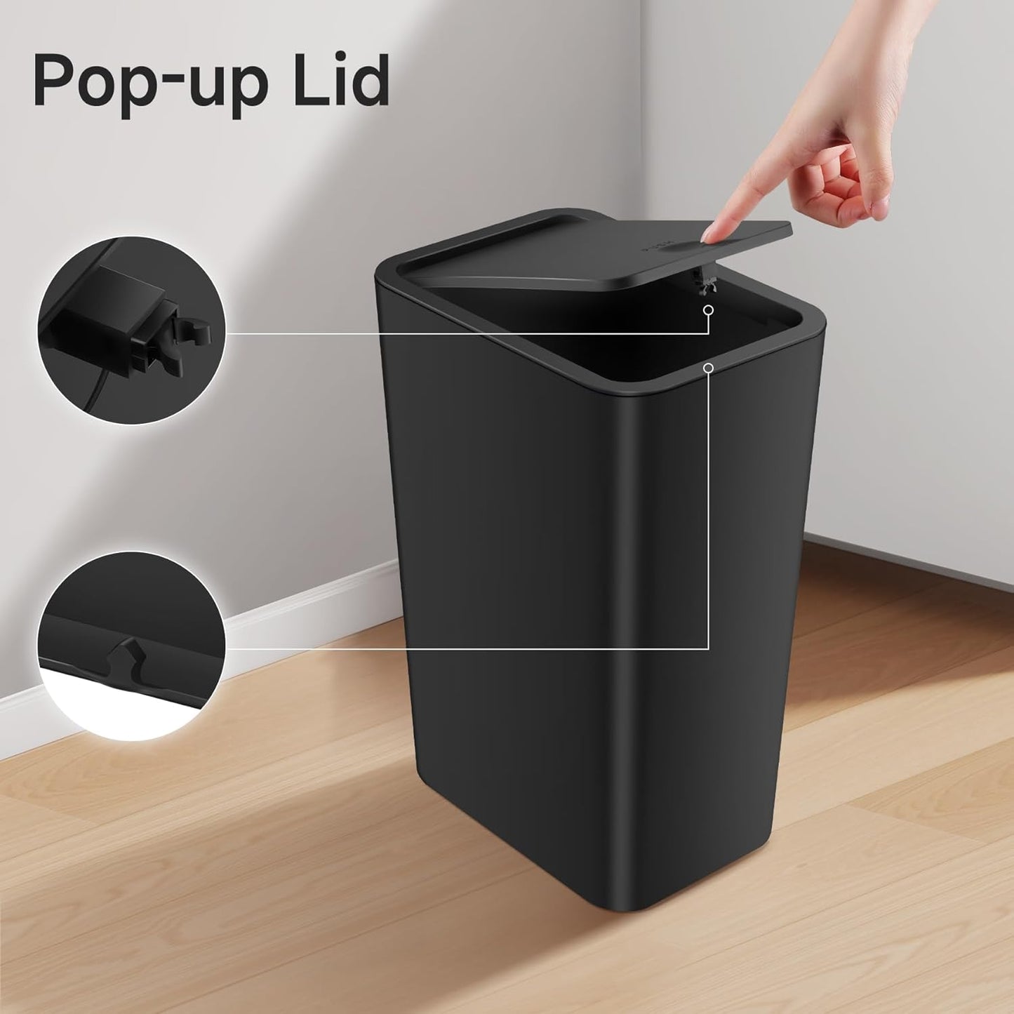 TIPGO Bathroom Trash Can with Lid, 4 Gallon / 15 Liter Small Garbage Can, Press Top Bin, Plastic Wastebasket with Pop-Up Lid for Bedroom, Living Room, Office (Black, 2 Pack)