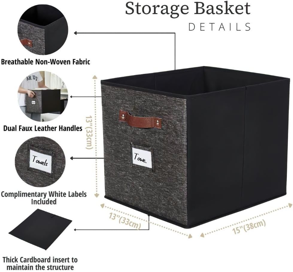 DECOMOMO Storage Baskets, 13x15x13 Storage Cube Bins with Labels for Organizing Shelves Kallax (Kallax / 4pcs, Black Pattern)