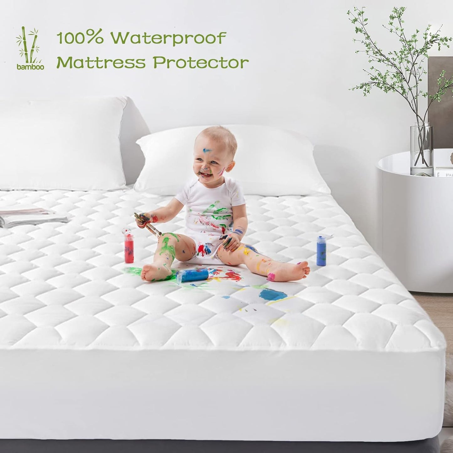 GRT King Mattress Protector Waterproof, Rayon from Bamboo, Cooling Quilted Fitted Mattress Pad, Noiseless Waterproof Mattress Cover, fits up to 21" Deep, Dust Proof White