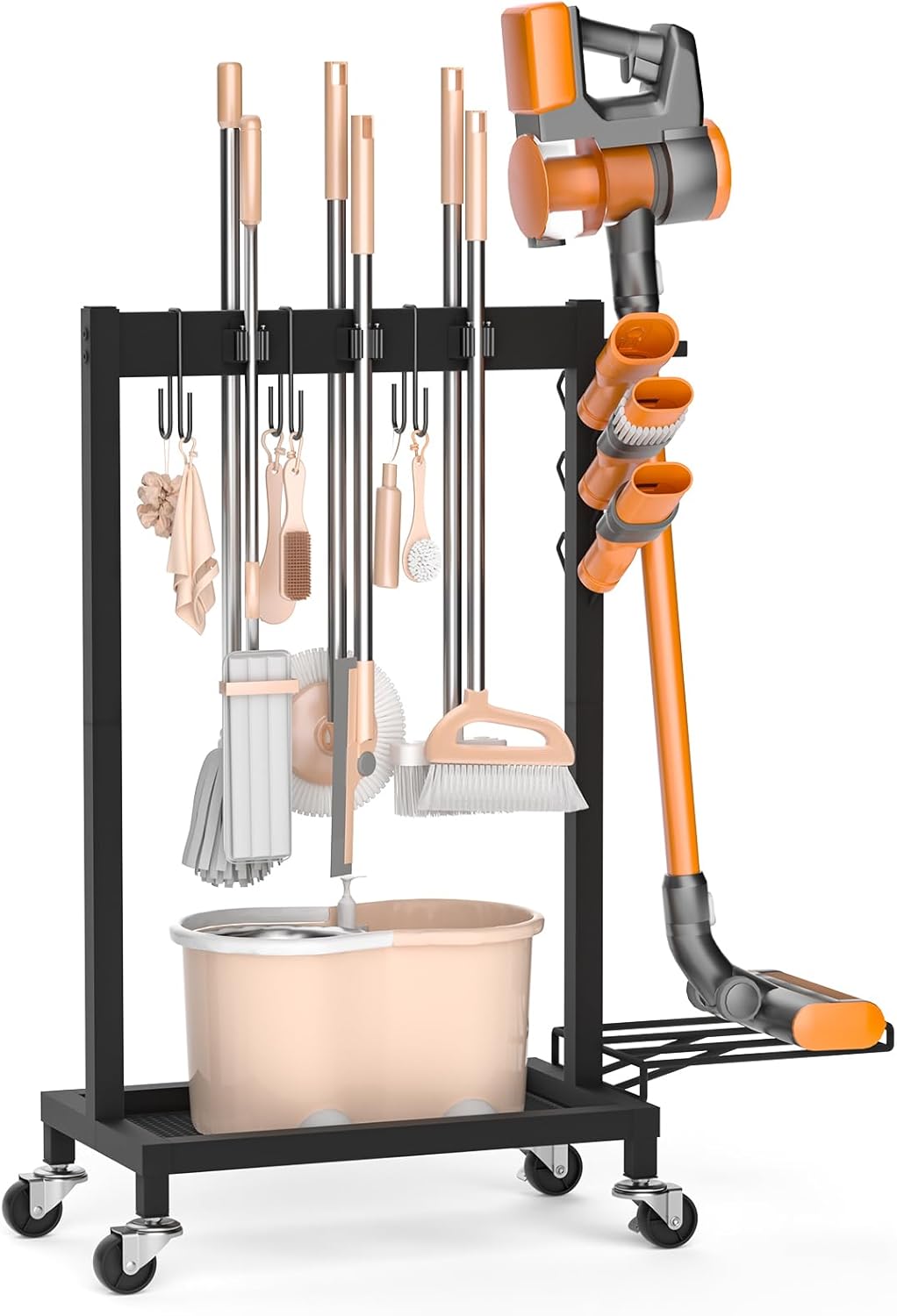 Cleaning Supplies Organizer with Broom Holder Load 160 LBS Cleaning Cart with Wheels Broom Closet Storage with 6 Mop Hanger Grippers, 3 Double-Hooks, Vacuum Stand for Laundry Garage Organization