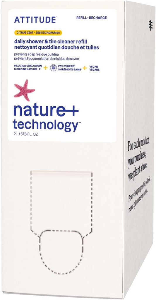 ATTITUDE Shower & Tile Cleaner Refill, EWG Verified, Plant-Based & Vegan Bathroom Spray, Removes Soap Scum & Grime, Citrus Zest Scent, 67.6 Fl Oz