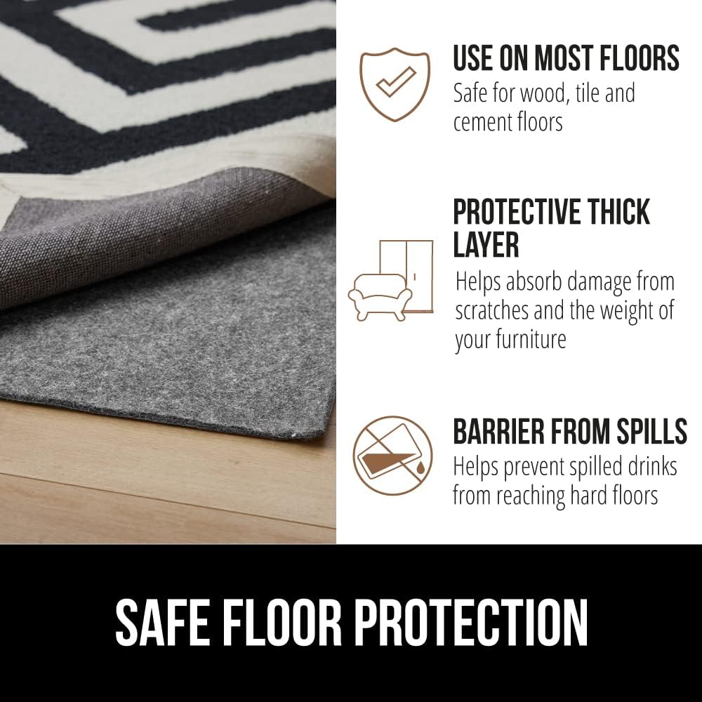 GORILLA GRIP Felt and Natural Rubber Stay in Place Slip Resistant Rug Pad, 1/4in Thick, 8x10 FT Protective Padding Under Area Rugs, Cushioned Gripper Pads, Carpet Runners, Hardwood Floors Protection