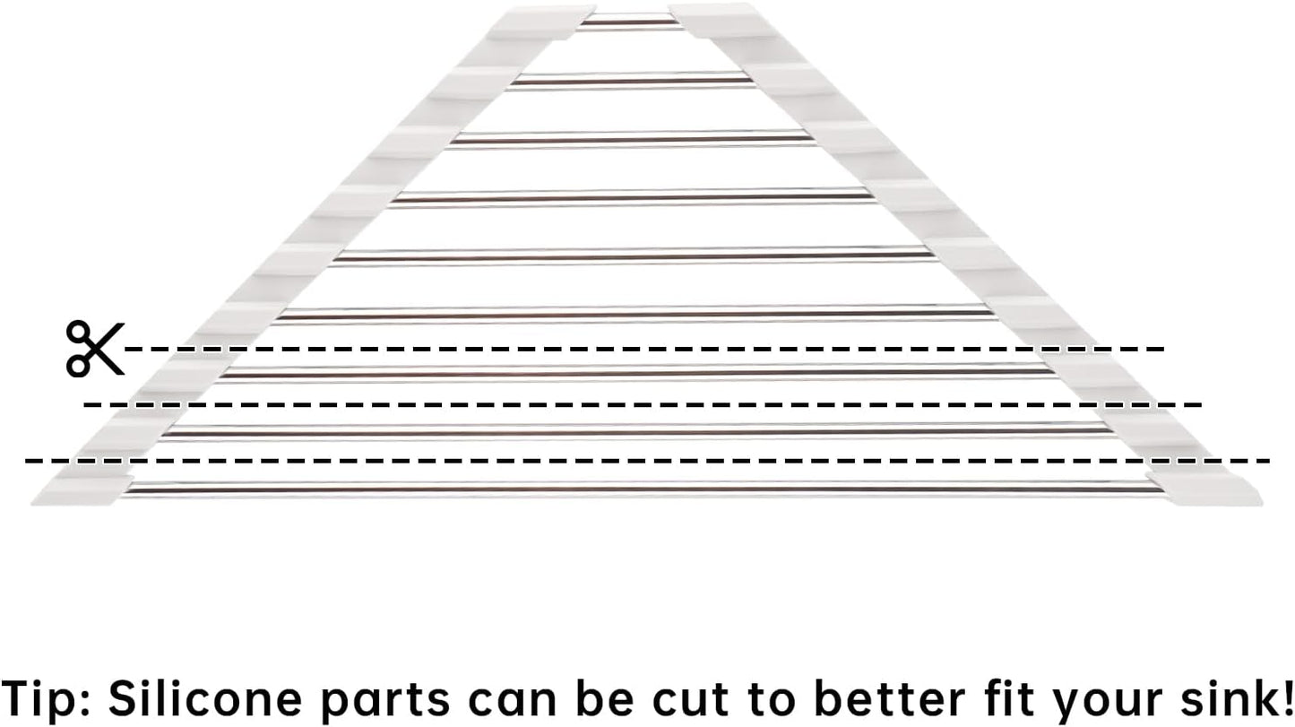 Tomorotec Triangle Roll-Up Dish Drying Rack Sink Corner Small Foldable Stainless Steel Over The Sink Multipurpose Kitchen Drainer Caddy Organizer Storage Shelf Holder (Coconut Milk White)