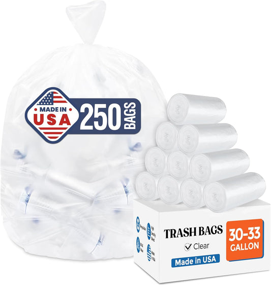 DELXO 30-33 Gallon Trash Bags, 250 Count Heavy Duty Large Clear Garbage Bags, Thick Durable and Puncture-Resistant Plastic Bags for Kitchens, Yards & Offices, Made in USA