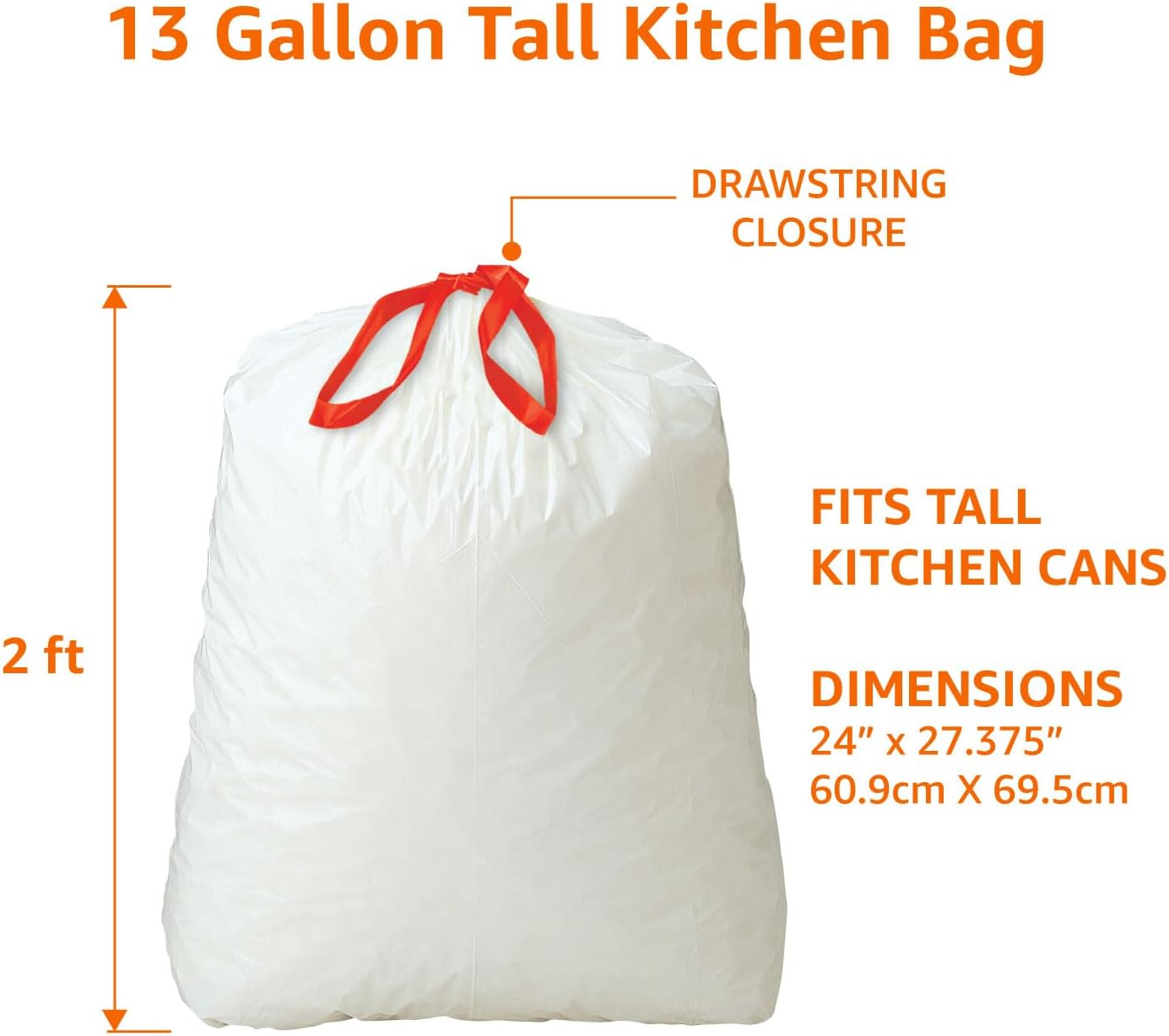 Amazon Basics 13 Gallon Tall Kitchen Drawstring Trash Bags, Clean Fresh Scent, 10% Post Consumer Recycled, 80 count