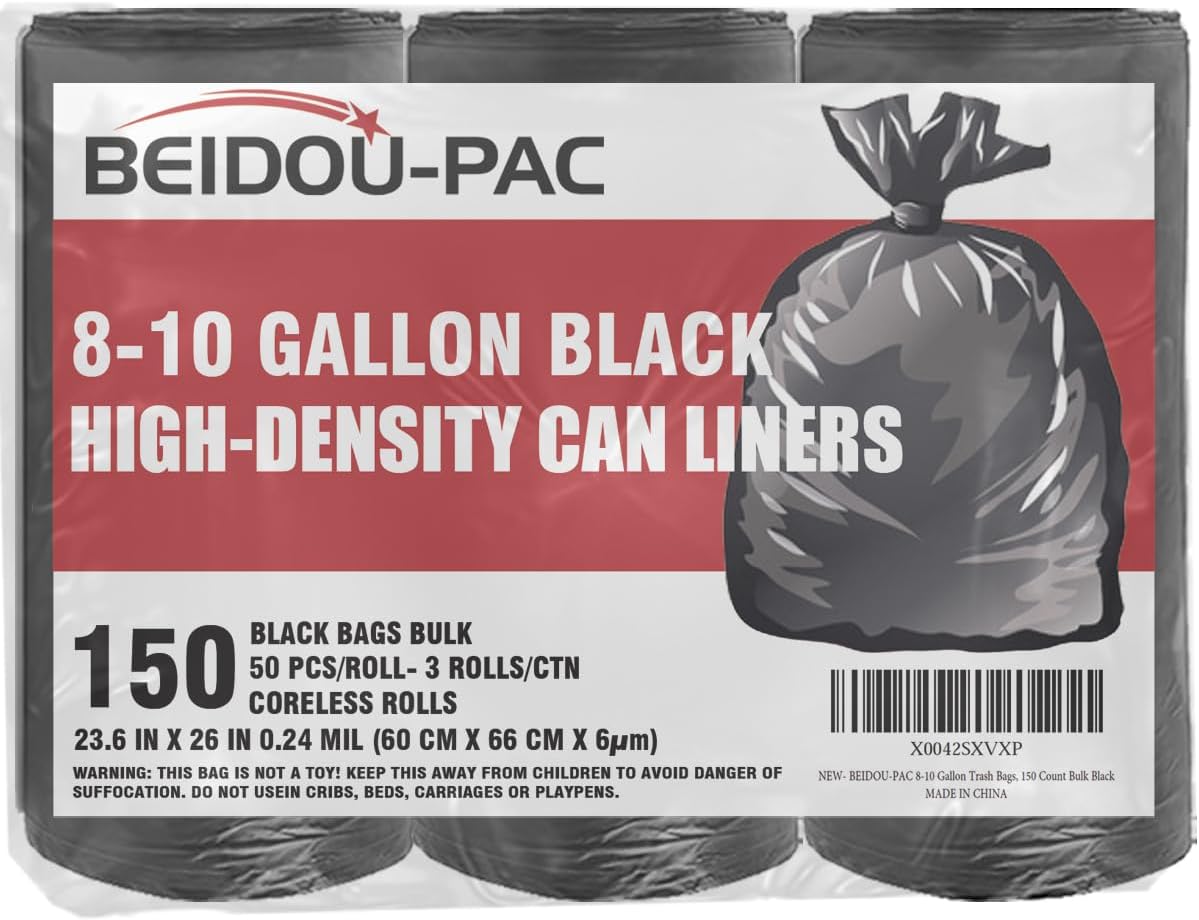8-10 Gallon Trash Bags, 150 Count Black Garbage bags, Multi-purpose Trash Can Bin Liners for Bathroom, Office, Industrial, Commercial, Janitorial, Municipal, Recycling