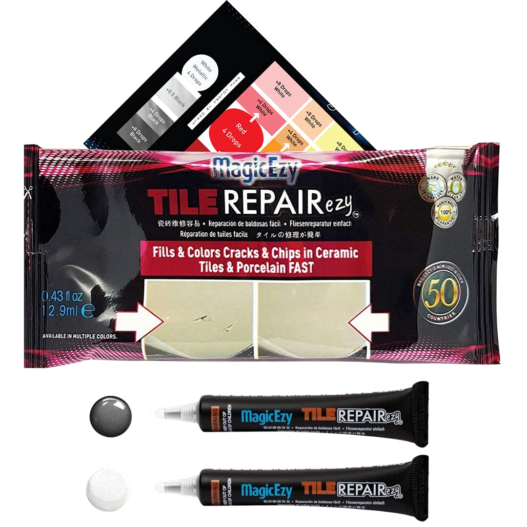 MagicEzy Tile RepairEzy (Gray/White) - Tile and Vinyl Floor Repair Kit | Fix Cracked or Chipped Ceramic Tiles Fast | Thick Structural Porcelain Repair Filler, Putty - 12.9 mL Tube