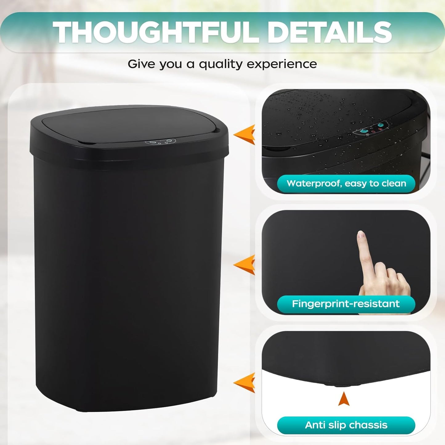 Automatic Motion Sensor Bathroom Trash Can with Lid, 13 Gallon Touchless Trash Bin, Smart Dog Proof Garbage Can, Touch Free Waste Basket for Toilet, Office, Bedroom,Black