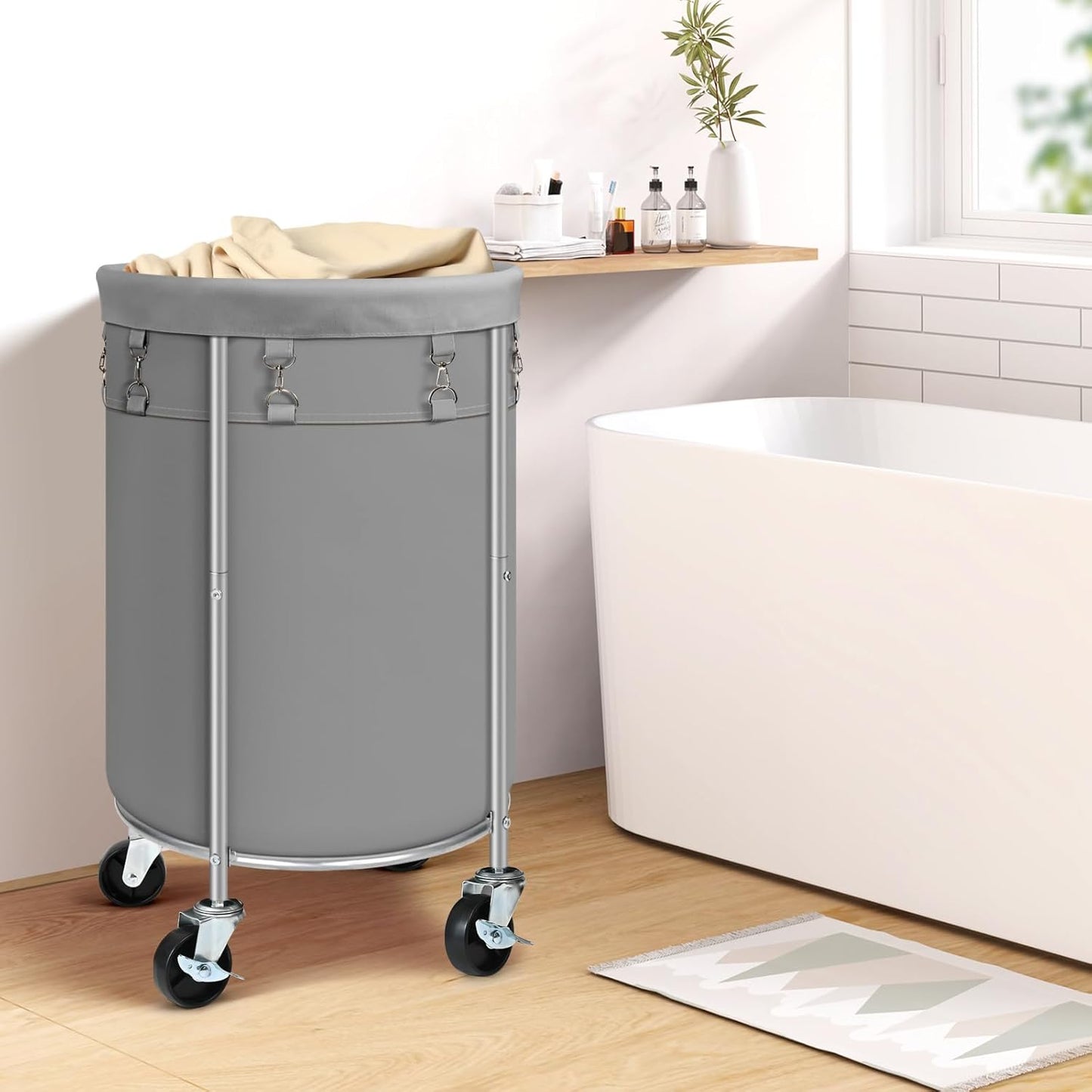 Laundry Hamper with Wheels, 100L Round Rolling Laundry Basket Sorter with Removable Bag, Clothes Cart Organizer with Steel Frame for Bedroom, Bathroom, Laundry Room, Grey