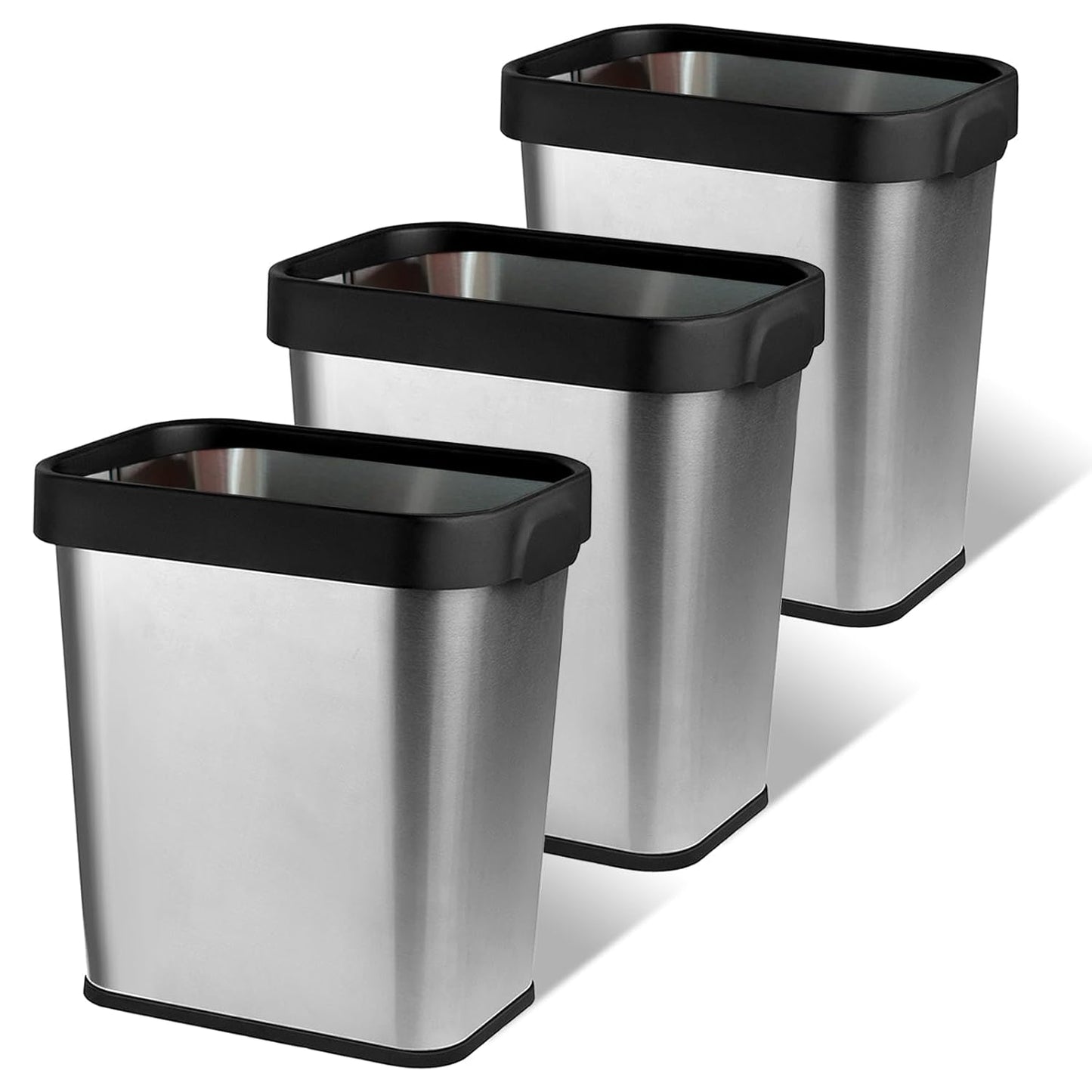 3 Pack Stainless Steel Trash Can 2 Gallon, Open Top Trash Can, 7" x 10" x 11", Rectangle Rubbish Bin, Slim and Narrow, No Lid Small Wastebasketfor Kitchen, Bathroom, Living Room, Office