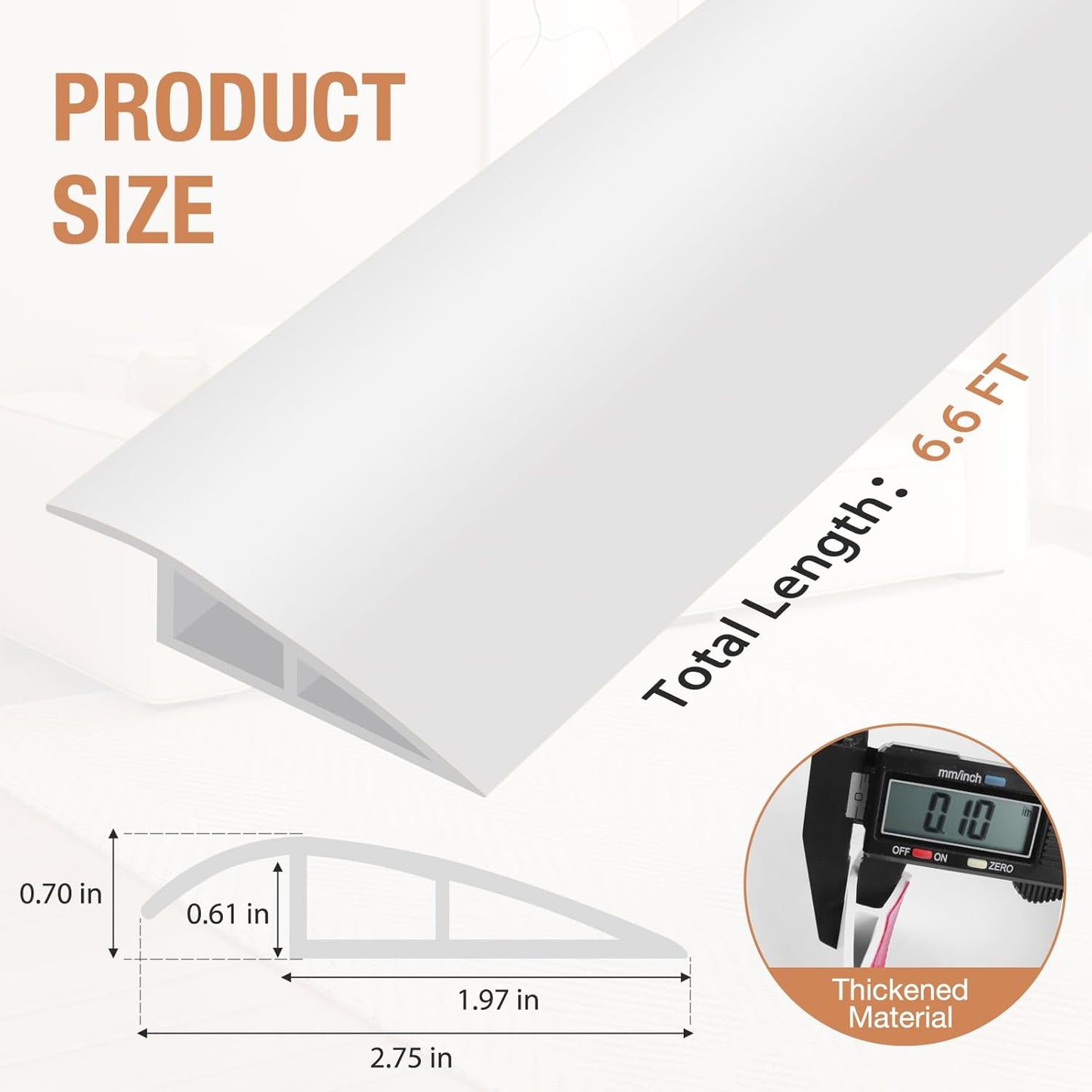 Floor Transition Strip Self Adhesive Vinyl Door Threshold for Doorways Carpet Edging Trim Overlap Edge Reducer for Laminate Floor, Carpet, Tile (White, 2/5" to 3/5", 6.6Ft)