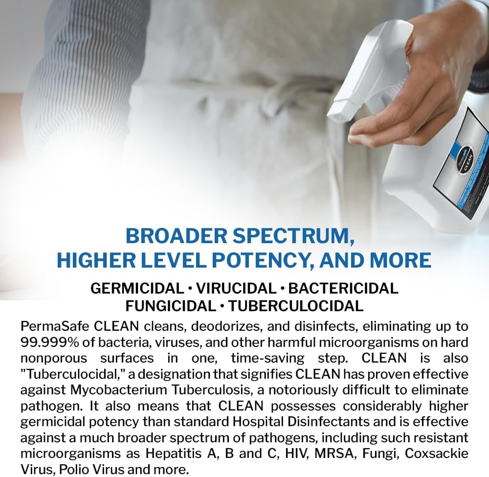 PermaSafe CLEAN, All-Purpose Hospital Disinfectant Cleaner; No Rinse, Hard, Soft & Food Contact Surface Sanitizer; Mold, Mildew and Fungi Killer; Odor Eliminator; Allergen Remover & More (128 Fl Oz)