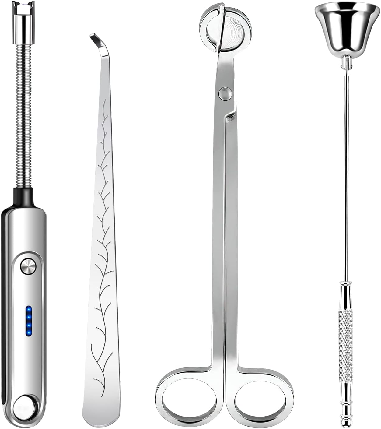 Lsnisni 4 in 1 Candle Accessory Set, Electric Lighter, Wick Cutter, Snuffer and Dipper, Steel Wick Trimmer Set - Silver