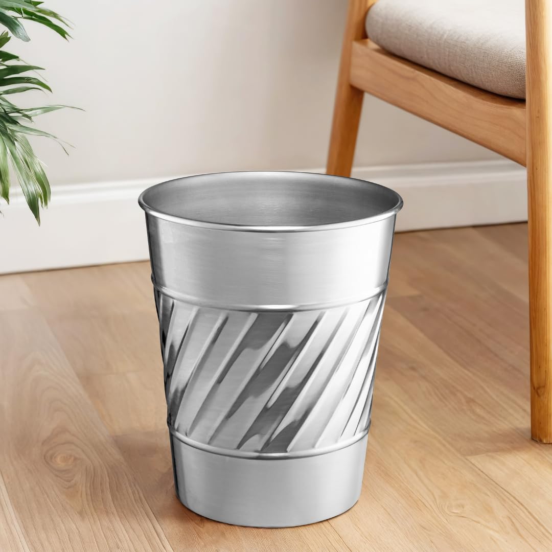 Monarch Abode Nickel Chrome Handcrafted Wave Embossed Metal Wastebasket for Home Office, Decorative Waste Basket, Modern Bathroom Garbage Can, Durable & Decorative Trash Bin, Nickel Chrome Trash Can
