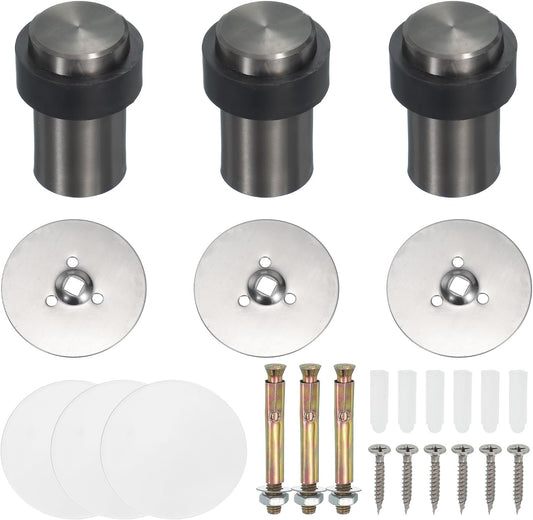 PATIKIL 3Set Round Door Stoppers, 60mm Stainless Steel Door Stop Doorstop Wedge Metal Cylinder Self Adhesive with Screw for Bottom of Door Floor Inside, Copper Tone