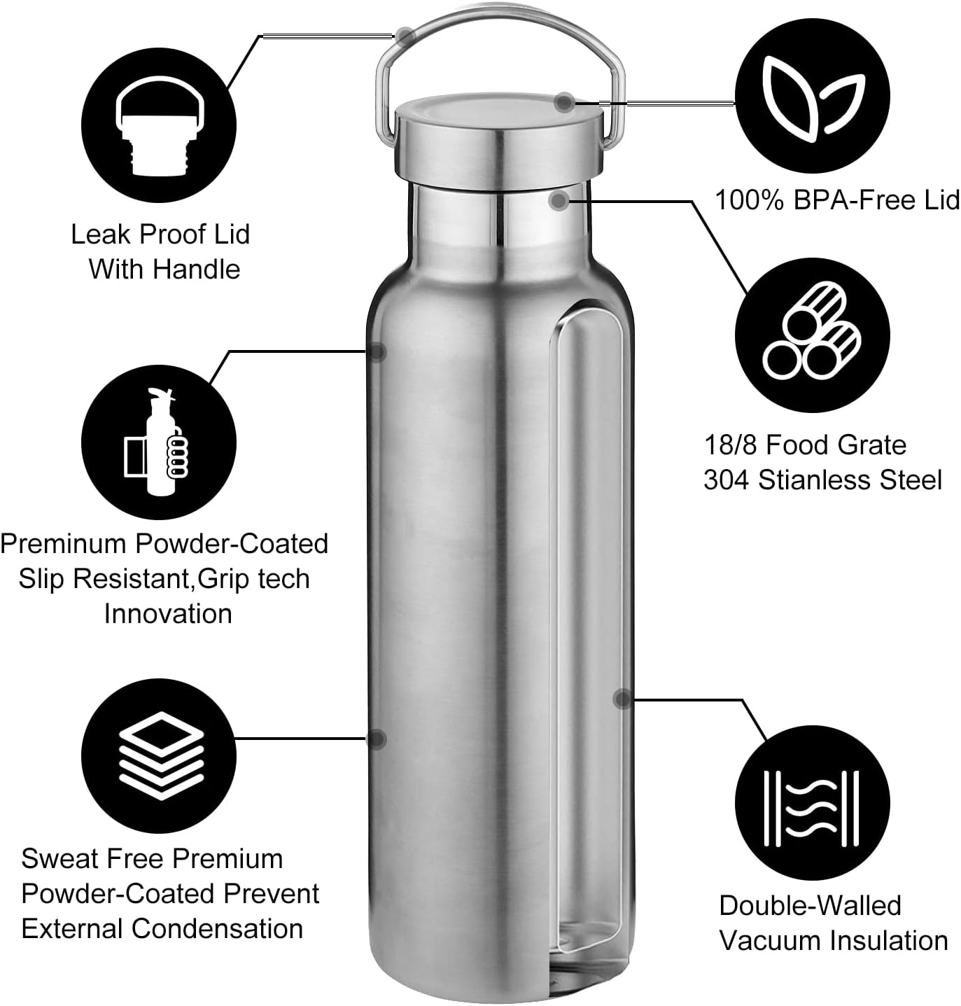 Neihepal Silver Stainless Steel Water Bottles,20 Ounce Vacuum Insulated Double Wall Travel Bottle with Leak Proof Lid of Handle,Metal Reusable Standard Mouth Flask Thermoses for School,Hikers,Gift