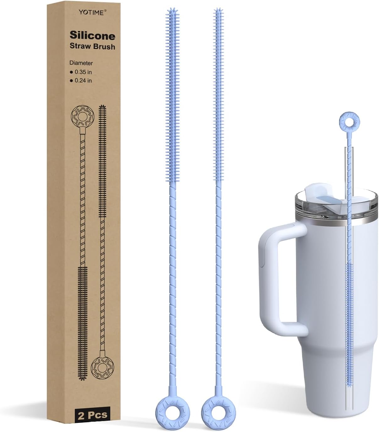 YOTIME Silicone Straw Cleaner Brush, 2 Pcs Reusable Straw Brush(6mm+9mm) for Cleaning Narrow & Wide Straws, Tumblers, Blue