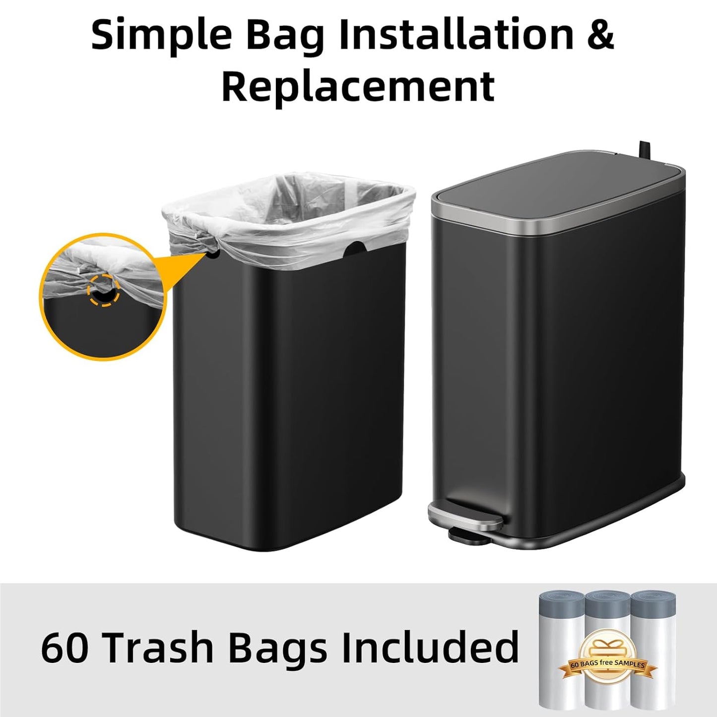 Stainless Steel Bathroom Trash Can with Lid Soft Close,1.6 Gallon Slim Garbage can,Small Metal Step Wastebasket for Office, Bedroom, Toilet, Black