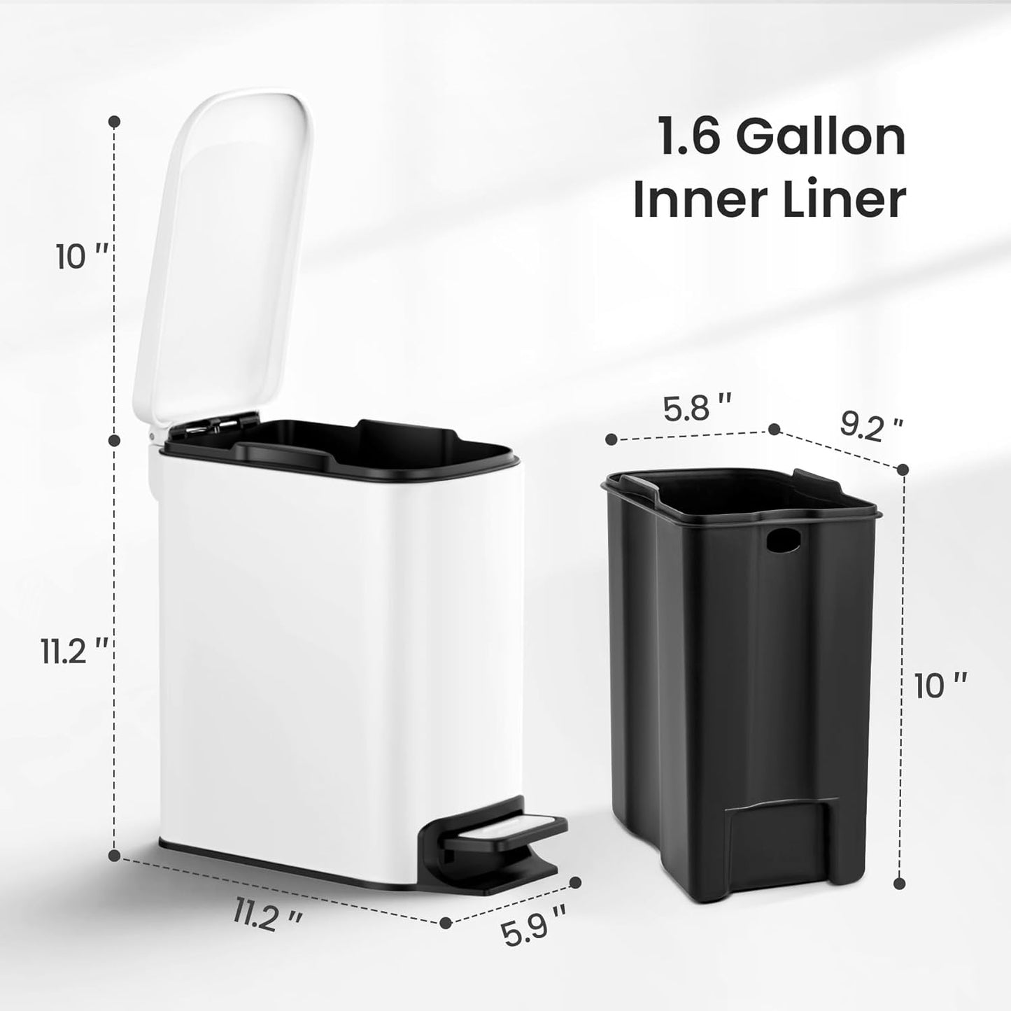 Cesun Small Bathroom Trash Can with Lid Soft Close, Step Pedal, 6 Liter / 1.6 Gallon Stainless Steel Slim Garbage Can for Bedroom, Diaper Waste Basket with Removable Inner Bucket (White)