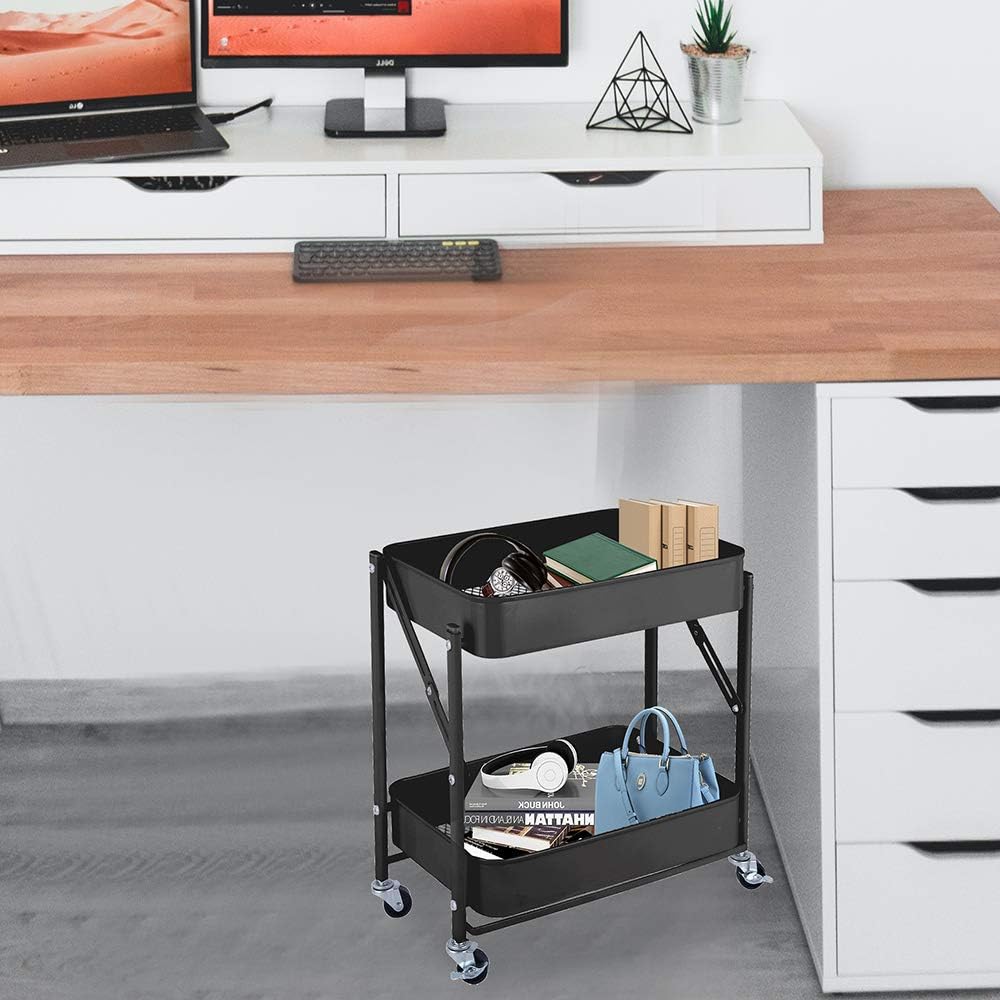 2-Tier Metal Folding Rolling Cart, Mobile Utility Cart Trolley Storage Organizer for Office Home Kitchen Organization, Sofa Side End Table with Wheels, Black