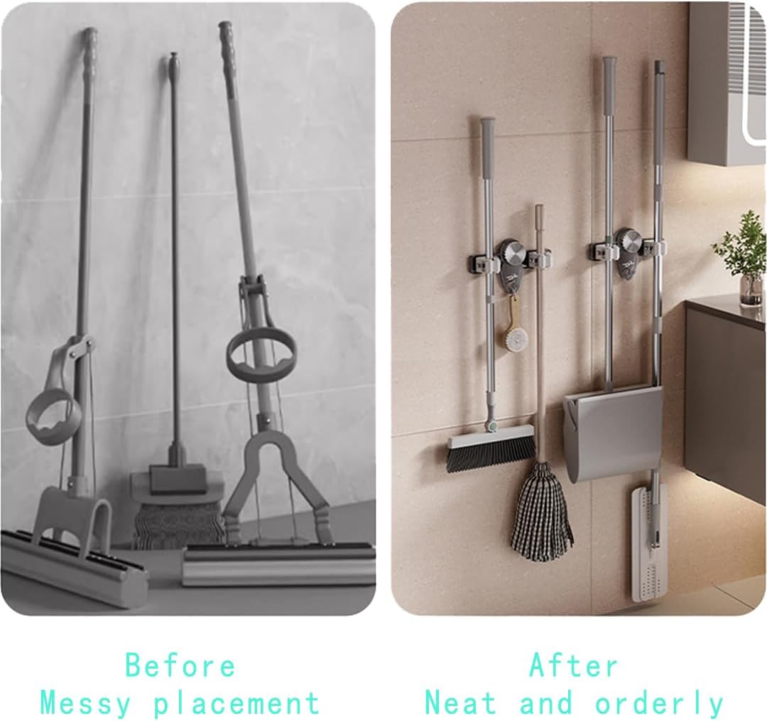 Mop and Broom Holder Wall Mount, No Punching Required Broom and Mop Organizer Wall Hanging with Hooks for Bathroom, Laundry Room, Garage, Kitchen,Garden Tool Organizer Storage (4pcs Transparent)