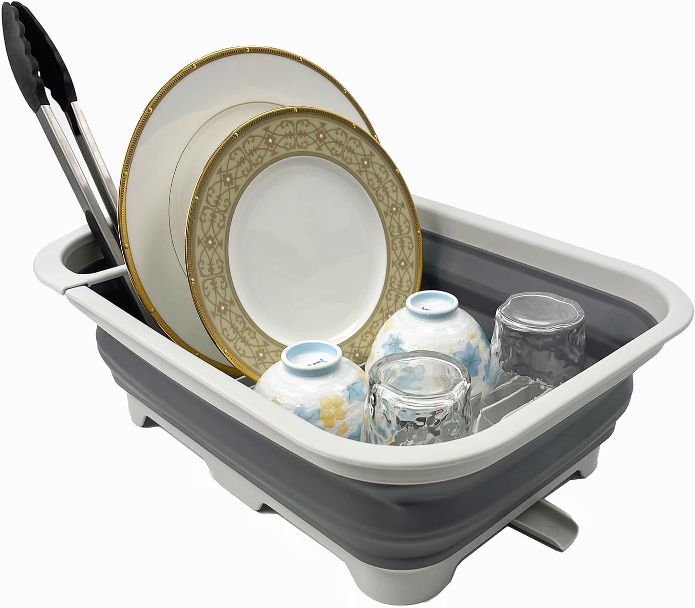 SAMMART 12L (3.17 Gallon) Collapsible Dish Drainer with Swivel spout - Foldable Drying Rack Set - Portable Dinnerware Organizer - Space Saving Kitchen Storage Tray (Grey/Steel Grey)
