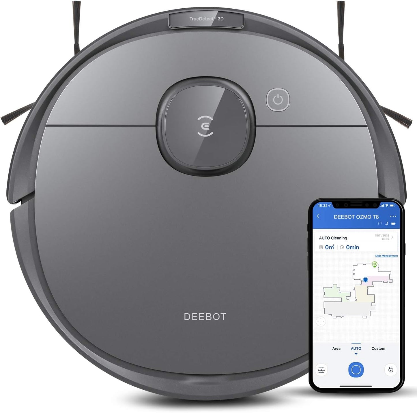 Ecovacs Deebot T8 Robot Vacuum and Mop Cleaner, Precise Laser Navigation, Multi-floor Mapping, Intelligent Object Avoidance, Full-customize clean, No-go and No-mop Zones, Auto-empty Station Compatible