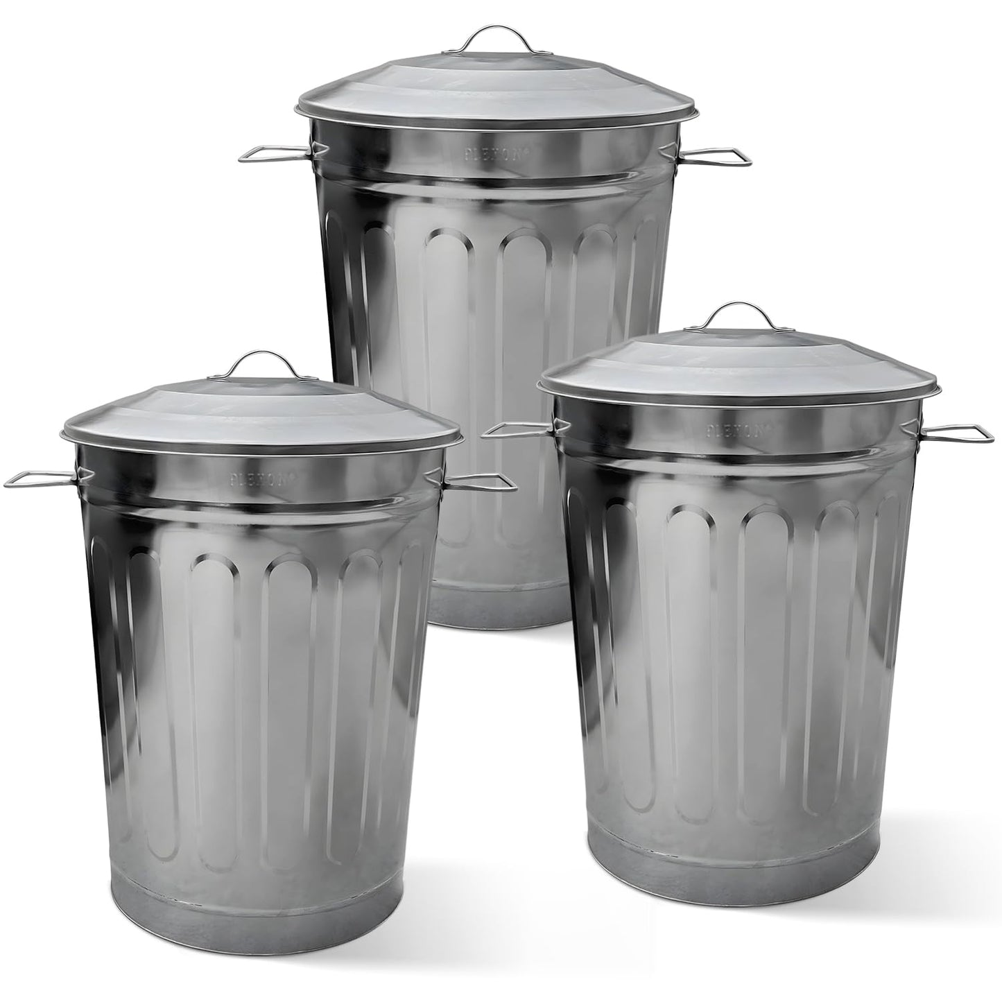 Plexon Round Trash Can 13 Gallon, Vintage Metal Outdoor Trash Can with Lid, Retro Farmhouse Garbage Container, Old School Modern Ash Bucket, Galvanized Steel 3 Pack