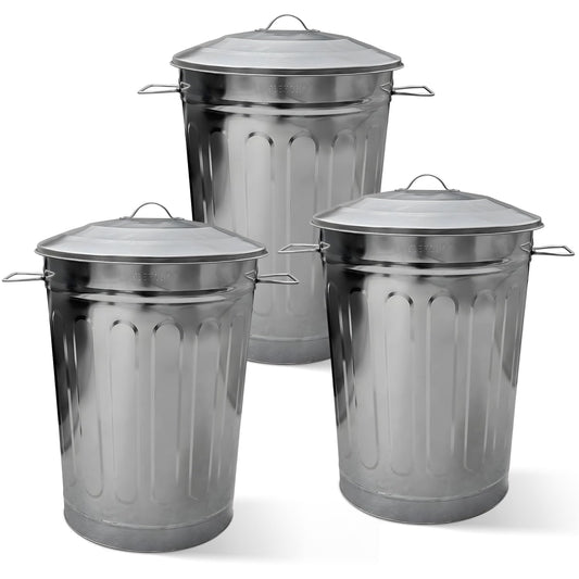 Plexon Round Trash Can 13 Gallon, Vintage Metal Outdoor Trash Can with Lid, Retro Farmhouse Garbage Container, Old School Modern Ash Bucket, Galvanized Steel 3 Pack