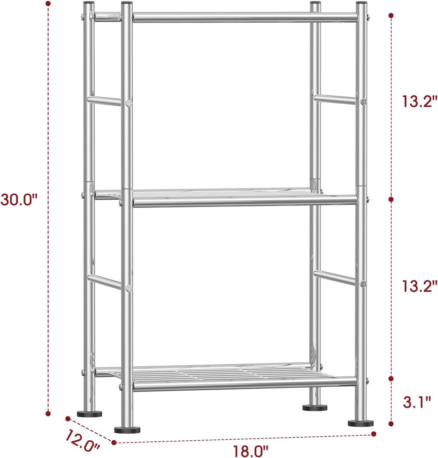 Storage Shelves - 3 Tier Shelf Organizer, Sturdy Metal Shelving with Adjustable Leveling Feet, Space-Saving Shelves Organizer for Pantry, Laundry, Kitchen (18" x 12" x 30", Silver)