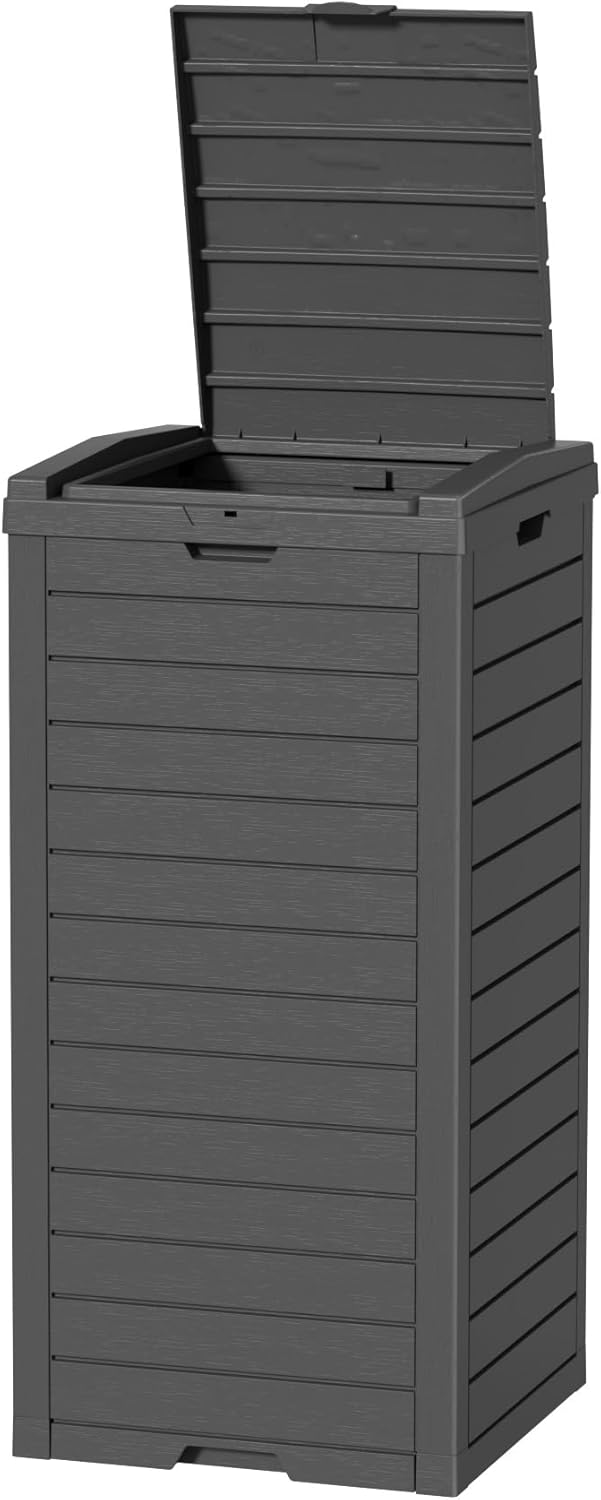 31 Gallon Outdoor Trash Can, Waterproof Resin Trash Can with Layered Lid and Drip Tray, Perfect for Patio, Backyard (Black)